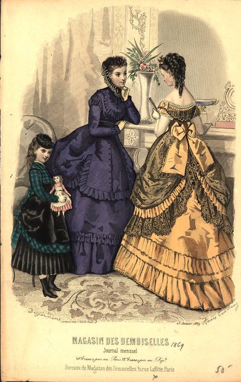 Evening dress, 1869 - Fashion Plate Collection - University of Washington Digital Collections 1869 Fashion Plate, 1869 Dress, Victorian Core, 19th Century Gown, 1869 Fashion, 1860s Fashion, 1870s Fashion, September Fashion, 1860 Fashion