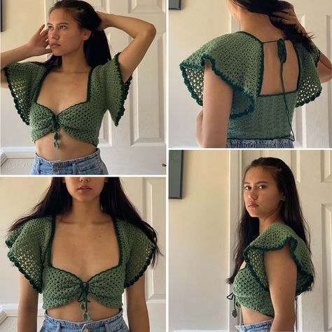 Crochet Top With Short Sleeves, Bell Sleeve Crochet Pattern, Keyhole Crochet Top, Crochet Wave Top, College Crochet Ideas, Crochet Fairy Top, Crochet Top With Sleeves, Bell Sleeve Top Pattern, Crochet College