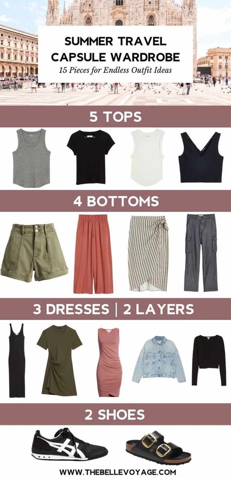 Summer Travel Capsule Wardrobe, Summer Travel Capsule, Travel Capsule Wardrobe Summer, Holiday Capsule Wardrobe, Capsule Wardrobe Women, Europe Travel Outfits, Chic Wardrobe, Travel Capsule Wardrobe, Travel Capsule