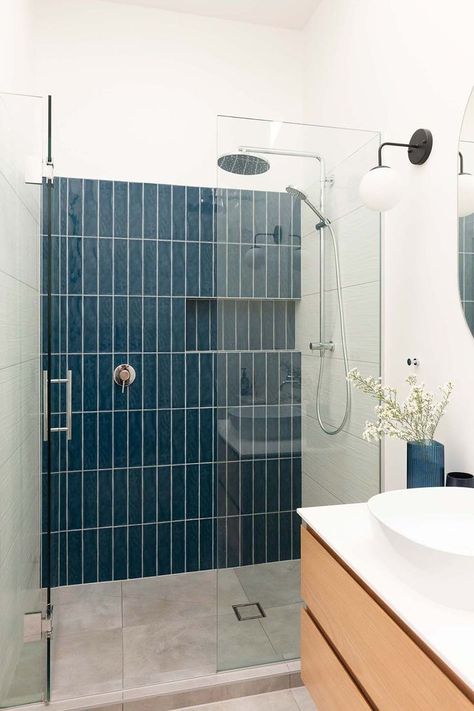 Blue Tiles Shower Room, Blue Subway Tile Bathroom Wall, Blue And Grey Shower Tile, Vertical Blue Subway Tile Bathroom, Walk In Shower Blue Tile, Blue Tiles Bathroom Ideas, Blue Walk In Shower Ideas, Blue Tiled Shower Ideas, Bathroom Tile Vertical