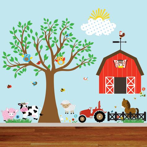 This listing is for a Vinyl Farm Wall Tree Decal Barn Tractor Sun Fence Horse Cow Pig Lamb Sunflowers Chickens Bumble Bees Birds Ducks Set This Tree Decal, Wall Tree, Owl Tree, Tree Decals, Bumble Bees, Tree Wall Decal, Animal Projects, Boy Bedroom, Vintage Marketplace