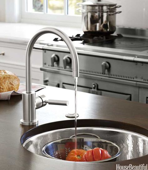 Samantha Lyman - Amazing Waterworks Normandy Prep Sink in kitchen island with walnut butcher block top and Dornbracht's Tara Faucet. Prep Sink In Island, Island Prep Sink, Kitchen Prep Sink, Kitchen Sink Remodel, Kitchen Elements, Kitchen Island With Sink, Sink In Island, Faucet Kitchen, Round Sink