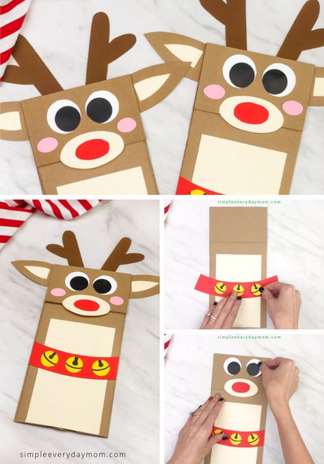 This reindeer puppet craft for kids is made from a brown paper bag and colored paper. Make this Rudolph craft for Christmas! It's easy thanks to our free printable template. Great for preschool, pre k and kindergarten.  #simpleeverydaymom #reindeercrafts #puppetcrafts #brownpaperbagcrafts #christmascrafts #xmascrafts #preschoolcrafts #prekcrafts Reindeer Paper Bag, Reindeer Puppet, Rudolph Crafts, Snowman Crafts Diy, Paper Bag Crafts, Paper Bag Puppets, Reindeer Craft, Christmas Crafts For Toddlers, Christmas Crafts For Kids To Make