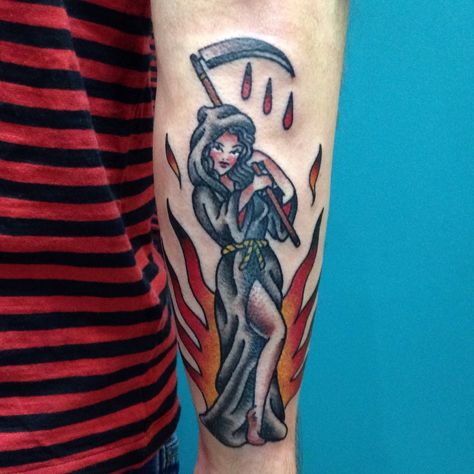 Traditional Tattoo Woman, Grim Reaper Tattoo, Reaper Tattoo, Sweet Tattoos, American Traditional Tattoo, Dope Tattoos, American Traditional, Grim Reaper