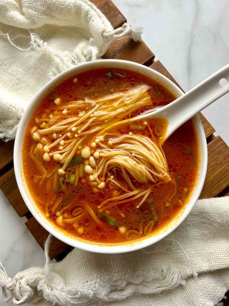 Tomato Enoki Mushroom Soup Enoki Mushroom Recipe, Hotpot Restaurant, Enoki Mushrooms, Beef Tomato, Mushroom Soup Recipe, Mushroom Soup Recipes, Mushroom Chicken, Latest Recipe, Mushroom Soup