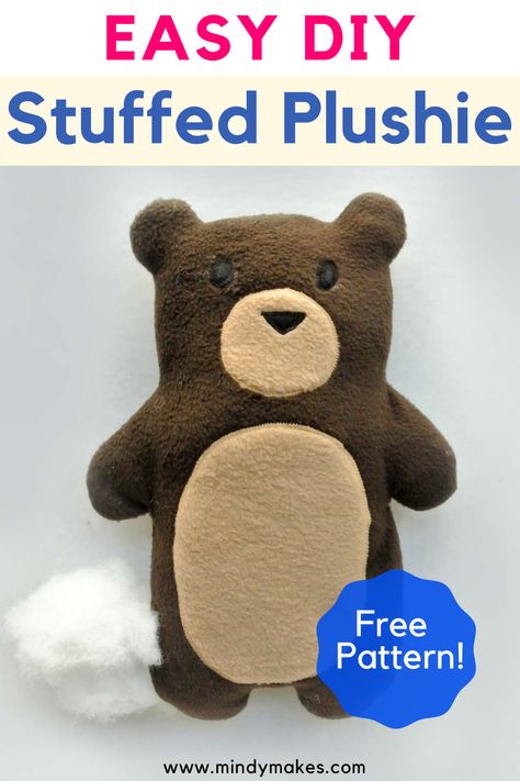 A brown bear plush toy with stuffing coming out left side with text "EASY DIY Stuffed Plushie" on top and Blue badge with "free Pattern!" on lower right corner. Free Stuffed Toy Sewing Patterns, Simple Sewing Projects Stuffed Animals, Diy Stuffed Toys Easy, How To Make A Stuffed Bear, Simple Stuffy Sewing Pattern, Easy Sewing Patterns Stuffed Animals, Easy Sewing Stuffed Animals For Beginners, Simple Soft Toys To Sew, Easy Stuffy Sewing Pattern