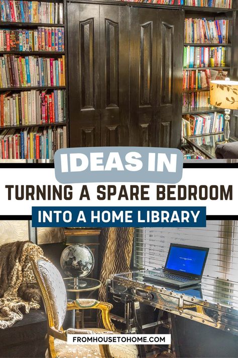 Transforming a spare bedroom into a functional and cozy home office library. Small Home Office Library, Small Library Room Ideas, Office Library Ideas, Home Office Library Ideas, Small Home Library Ideas, Floor To Ceiling Bookshelves, Paneled Library, Faux Tin Ceiling Tiles, Cozy Library