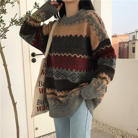 Ashlee - Oversized Patterned Sweater | YesStyle Retro Oversized Sweater, Affordable Oversized Retro Sweater, Oversized Grunge Sweater For Fall, Oversized Vintage Sweater With Graphic Print, Oversized Retro Brown Sweater, Grandpa Sweater Outfit, Artsy Sweaters, Boot Stand, Grandpa Sweater