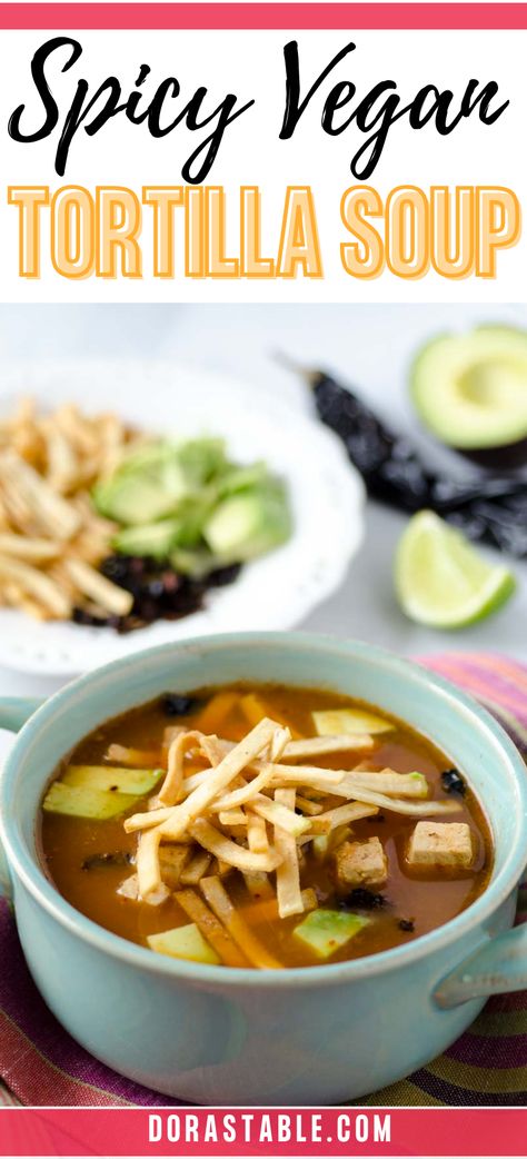 It's a cold rainy day outside today, and I'm totally craving this spicy vegan tortilla soup. This is not your typical tex-mex, cumin and chili powder seasoned soup. The broth for this soup is simmered with epazote, chile morita, tomato, onion, garlic, and chipotle. It is then garnished with fried or baked tortilla strips, baked tofu, crispy chile pasilla, and avocado. Spicy Tortilla Soup, Tofu Crispy, Vegan Tortilla Soup, Vegan Tortilla, Chile Pasilla, Vegan Potluck, Tortilla Strips, Vegan Mexican Recipes, Easy Vegan Dinner