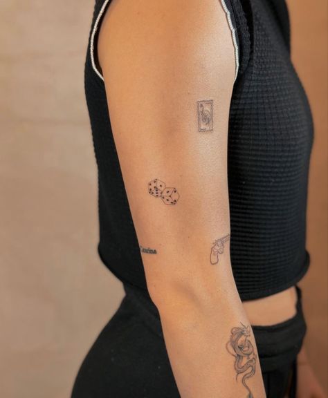 Spot Tattoos Women, Arm Sticker Tattoo, Different Style Tattoos Together, Dainty Patchwork Sleeve Tattoo, Minimal Patchwork Tattoo Sleeve, Fore Arm Tattoos Women, Small Arm Tattoos For Women Unique, Sticker Tattoo Placement, Dainty Sticker Sleeve