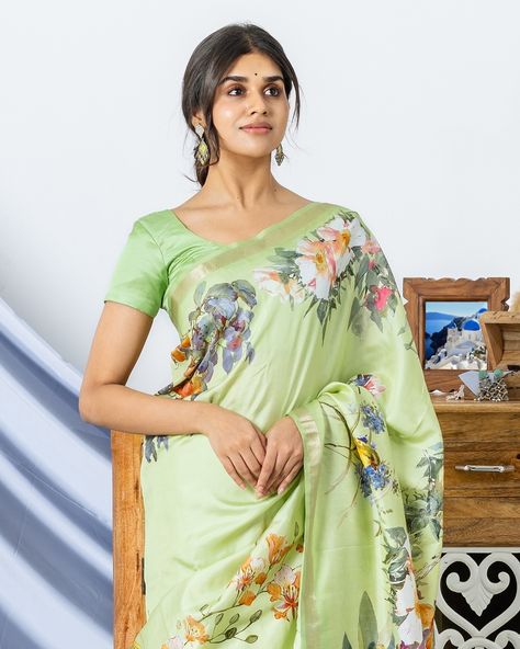 Aahana The Modern Lady This light green printed Banaras silk saree features a delicate floral print on the body. [Summer Collection, Fancy sarees, Tussar Silk Sarees, Organza silk sarees, Crepe Silk Sarees, Raw Silk, Georgette Silk Sarees, Tulsi Silks, Tulsi, Tulsi Weaves, Kanjeevaram Pattu, Pure Silk Sarees, Handwoven silk saree, Trending silk saree, bridal silk saree] Banaras Silk Saree, Saree Trending, Silk Saree Bridal, Tulsi Silks, Tussar Silk Sarees, Crepe Silk Sarees, Organza Silk Saree, Bridal Silk Saree, Tussar Silk Saree