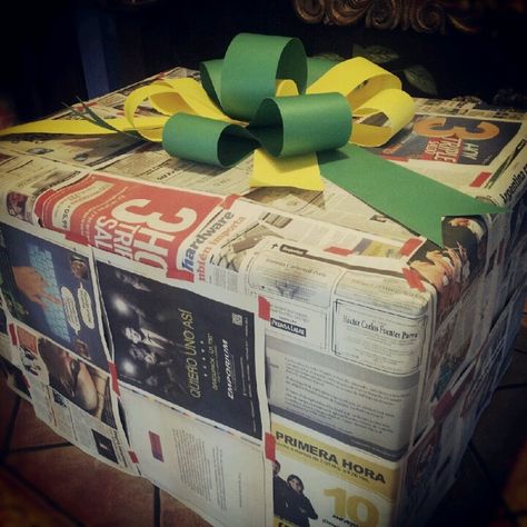 Wrap a huge box present with the newspaper and then make a big color paper bow Box Gift Wrapping Ideas, Box Gift Wrapping, Gift Wrapping Ideas, Paper Bow, The Newspaper, Color Paper, Wrapping Ideas, Box Gift, Birthday Gift Ideas