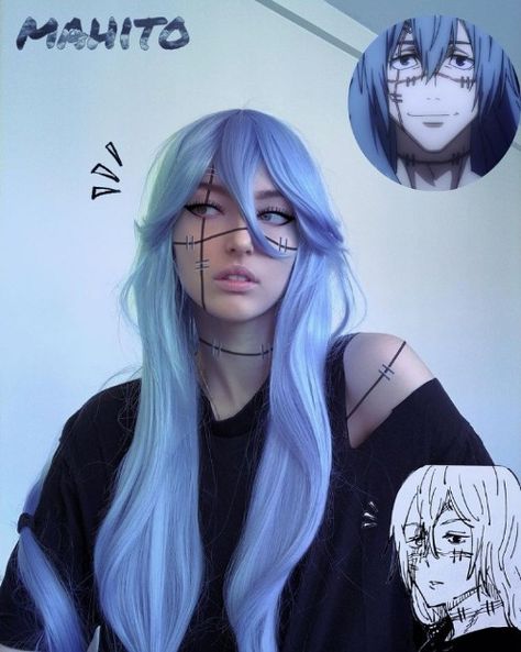 Mahito Jjk Makeup, Halloween Blue Hair Costume, Mahito Cosplay Makeup, Costume Ideas With Blue Hair, Mahito Cosplay Girl, Halloween Costumes Blue Hair, Halloween Costumes With Blue Hair, Cosplay Blue Hair, Anime Character Makeup