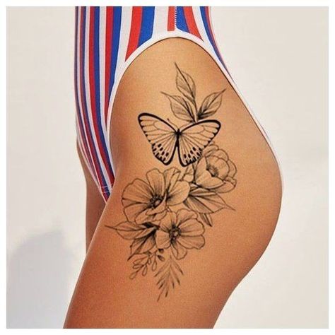 Cool Big Tattoos, Minimalist Tattoo Women, Big Tattoos For Women, Meaningful Couple Tattoos, Unique Minimalist Tattoo, Couple Tattoos Ideas, Butterfly Leg Tattoos, Big Tattoos, Butterfly Thigh Tattoo