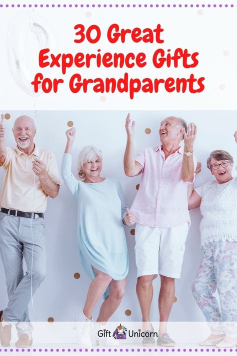 Finding physical, material gifts for your grandparents can be challenging because as people get older, they need less and less. Make your gift-giving to grandparents a little easier this year by giving them an experience to share together rather than some material thing. Here are 30 great experience gift ideas for your grandma and grandpa. #experiencegifts #giftsforgrandparents Good Gifts For Grandparents, 60th Anniversary Gifts For Grandparents, Greatgrand Parents Gifts, Experience Gifts For Grandparents, Cricut Great Grandparent Gifts, Memorable Gifts From Grandmothers For Grandsons, Grandparents Gift Ideas, Gifts For Older Couples, Material Gifts