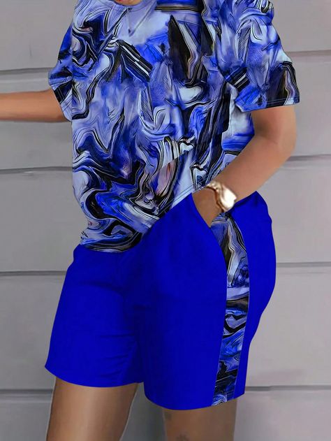 Casual Marble Pattern Short Sleeve Top And Shorts Summer 2pcs Outfits Blue Casual    Graphic,Letter  Medium Stretch  Women Clothing, size features are:Bust: ,Length: ,Sleeve Length: Up And Down Short Trousers For Ladies, Shorts And Tops For Ladies, Ankara Top And Shorts For Women, Ankara Short And Top For Women, Shein Pants Outfit, Ladies Shorts Outfits, Short And Top Set Two Pieces, Ankara Short Trouser And Top, Ankara Shorts And Top For Ladies