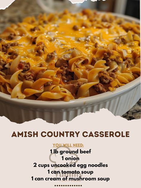 🍲 Dive into comfort with Amish Country Casserole, a hearty meal to warm your soul. #ComfortFood 🍽️ Amish Country Casserole 🛒 Ingredients: 1 lb ground beef 1 onion, chopped 2 cups uncooked egg noodles 1 can tomato soup 1 can cream of mushroom soup 1 cup shredded cheddar cheese 👩‍🍳 Instructions: Cook: Brown beef with onion. Drain. Boil: Cook noodles according to package directions. Mix: Combine meats, noodles, both soups in a baking dish. Bake: Sprinkle with cheese, bake at 350°F for 25 min... Amish Country Casserole Recipe, Amish Country Casserole, Can Tomato Soup, Country Casserole, Hamburger Casseroles Recipes, Canned Tomato Soup, Best Thanksgiving Recipes, Cheese Bake, Fast Dinner Recipes