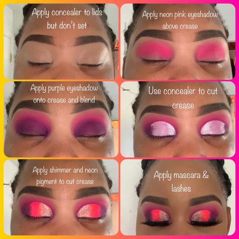 How To Do Eyeshadow, Neon Eyeshadow, How To Apply Concealer, Purple Eyeshadow, How To Apply Mascara, Cut Crease, Neon Pink, Concealer, Lashes