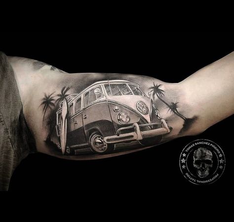 VW Camper Inner Bicep Tattoo Surfing Tattoo, Vw Tattoo, Hot Rod Tattoo, Tattoo Side, Bicep Tattoo Men, Surf Tattoo, Inner Bicep Tattoo, Inner Forearm Tattoo, Tattoo Zeichnungen