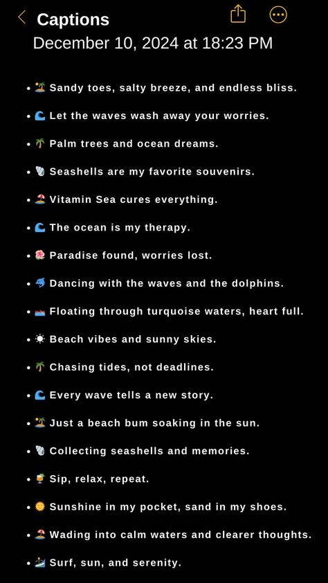 A list of beach-themed captions with emojis, featuring phrases like 'The ocean is my therapy' and 'Chasing tides, not deadlines. Insta Caption For Beach Pics, Sea Beach Quotes Vacations, Sea Vibes Quotes, Soaking Up The Sun Quotes, Beach Photos Captions Instagram, Sea Beach Captions For Instagram, Vitamin Sea Quotes Beach, Beach Story Captions, Beautiful Day Captions