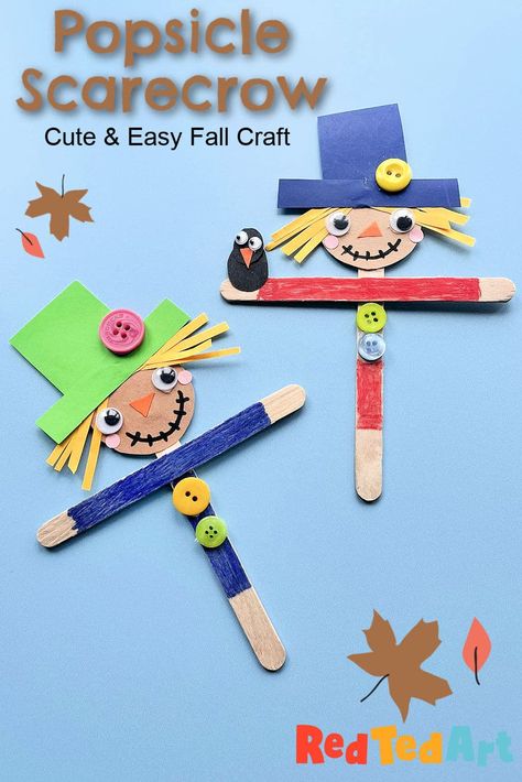 Popsicle Stick Scarecrow Crafts For Kids, Popsicle Stick Crafts For Thanksgiving, Fall Crafts For Elementary Students, Back To School Easy Crafts, Craft Stick Scarecrow, Kids September Crafts, Fall Classroom Projects, Fall Crafts For Preschoolers Easy, Pre K Scarecrow Craft