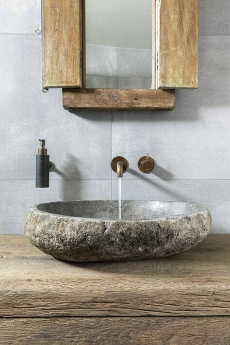 Natural Bathroom Design, Modern Organic Bathroom, Organic Bathroom, Natural Stone Bathroom, Stone Bathroom Sink, Mini Bad, Natural Bathroom, Modern Bathroom Sink, Rustic Bathroom Designs