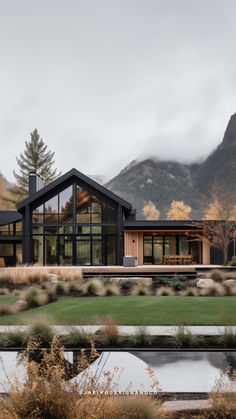 Wood And Black House, Modern Mountain Architecture, House With Large Windows Exterior, Dream House Modern Farmhouse, Black And Wood Modern House, Mountain Modern Design, Modern Home In The Woods, Exterior Houses Modern, Modern Wood House Exterior