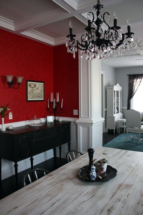 Black, white, red and crystals: Valspar Bold Brights | Apartment Therapy Cottage Images, Green Chairs, Basement Guest Rooms, Damask Wall, Red Dining Room, Historical Interior, Best Interior Paint, Green Dining Room, Parisian Decor