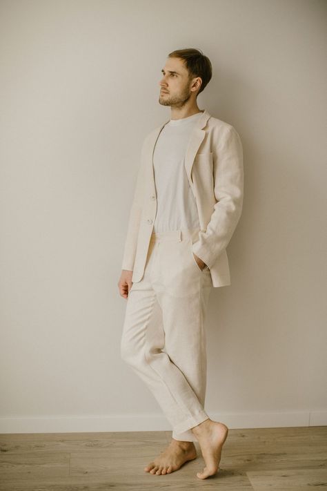 Linen Wedding Suit for Men Linen Wedding Set Boho Wedding - Etsy Linen Wedding Attire, Simple Wedding Set, Linen Clothes For Men, Casual Wedding Groom, Casual Wedding Suit, Linen Wedding Suit, Wedding Suit For Men, Rustic Wedding Suit, Linen Wedding Dress