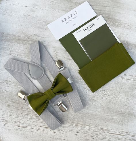 Olive Green Bow Tie, Ring Bearer Boy, Ring Bearer Gift, Grey Suspenders, Ring Bearer Gifts, Green Bow Tie, Outfit Birthday, Bearer Outfit, Groomsmen Wedding