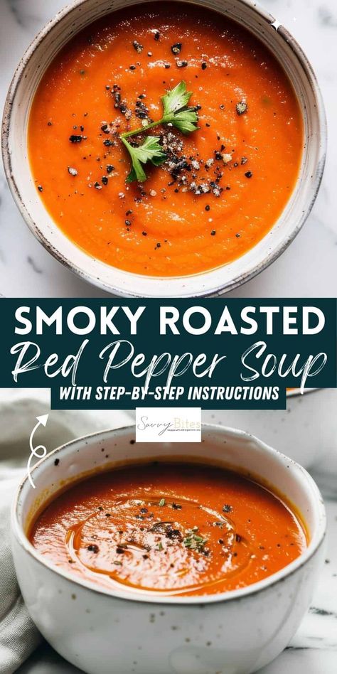 Try this roasted red pepper soup, an easy recipe with smoky red peppers, onion, and garlic. Perfect for those looking for soup recipes with few ingredients. Add chili flakes for extra spice! Roasted Cauliflower And Red Pepper Soup, Roasted Red Pepper Chicken Soup, Roasted Pepper Soup Recipe, Recipes With Roasted Peppers, Roasted Peppers Soup, Sweet Pepper Soup, Red Chili Pepper Recipes, Roasted Red Bell Pepper Soup, Red Bell Pepper Soup