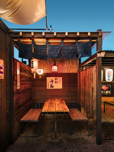 Street Food Restaurant, Japanese Restaurant Interior, Japanese Restaurant Design, Japanese Bar, Restaurant Design Inspiration, Outdoor Restaurant Design, Japanese Street Food, Korean Restaurant, Custom Furniture Design