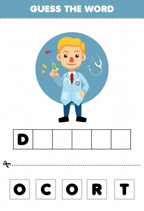 Cartoon Doctor, Community Helpers Preschool, Guess The Word, Game For Children, Community Helpers, Phonics Worksheets, School Worksheets, Right Brain, Classroom Rules