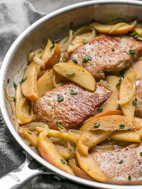 These Apple Spice Pork Chops are smothered with apples, onions, cinnamon, and a buttery pan sauce that is sweet, salty, and rich. Budgetbytes.com Honey Mustard Pork Chops, Pan Seared Pork Chops, Seared Pork Chops, Apple Pork Chops, Glazed Pork Chops, 2024 Recipes, Budget Bytes, Apple Spice, Pork Meat