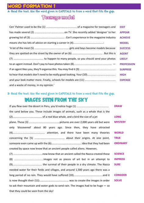 Word Formation interactive activity for B2. You can do the exercises online or download the worksheet as pdf. Word Formation Exercises, Word Formation Worksheets, Word Classes, Word Formation, Esl Teaching Resources, High School Curriculum, English Teaching Resources, Study English, English Exercises