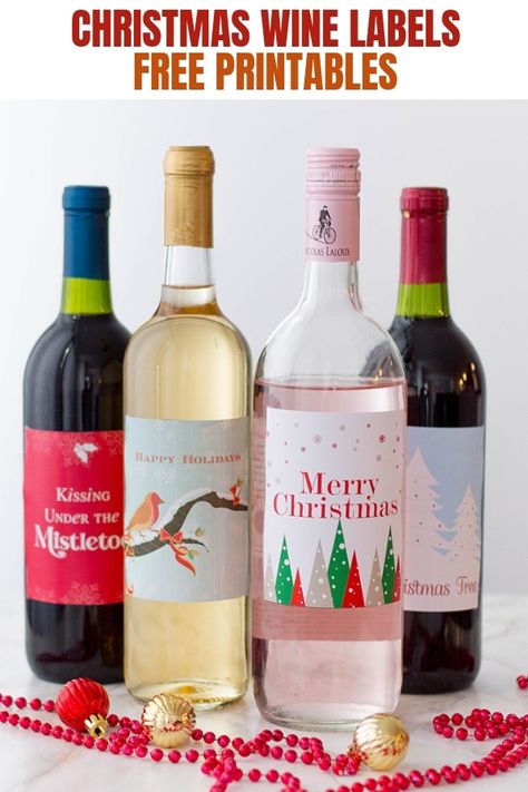 Holiday Wine Labels (FREE Printables) to easily jazz up wine bottles into fancy yet inexpensive Christmas gifts. Four festive designs to help you spread holiday cheer! #printables #freebies #holiday #christmasprintables #winelabels #christmaswinelabels Christmas Wine Labels, Christmas Wine Bottle Labels, Holiday Wine Label, Chocolate Peanut Clusters, Labels Printables, Wine Label Printable, Peanut Clusters, Bottle Labels Printable, Inexpensive Christmas Gifts