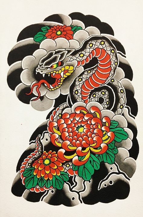 Skull Artwork Illustrations, Japanese Snake Tattoo, Geisha Tattoo Design, Tattoo Japanese Style, Skull Art Tattoo, Dragon Tattoo Art, Gangsta Tattoos, Snake Tattoo Design, Snake Art