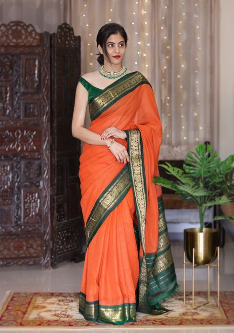 Orange Saree, Indian Designer Sarees, South Indian Sarees, Banarasi Silk Saree, Green Saree, Contrast Blouse, Stylish Sarees, Tussar Silk Saree, Kanchipuram Saree