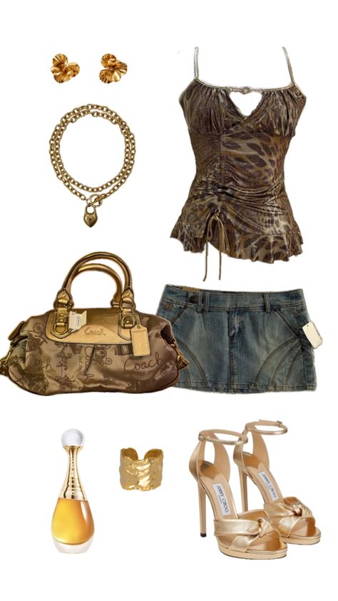 Golden summer party outfit Coach Vintage Bag, 2000's Aesthetic, Edgy Jeans, Y2k Party Outfit, Y2k Outfits Aesthetic, Jeans Mini Skirt, J Adore Dior, Mcbling Fashion, Golden Summer