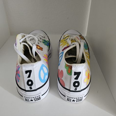 These Are Beautiful, Never Worn Converse Painted Like 70s Flower Child White Converse Painting Ideas, Converse Painting Ideas, Beaded Converse, Converse Painted, 70s Flower Child, Painted Converse, Worn Converse, Custom Converse, Converse White