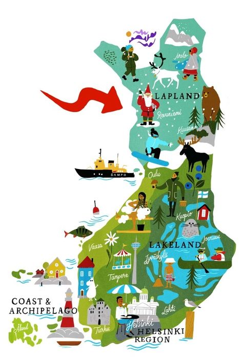 Map of Finland Finland Travel, Lapland Finland, Nordic Countries, Voyage Europe, Travel Illustration, Illustrated Map, Travel Maps, Map Design, Dubrovnik