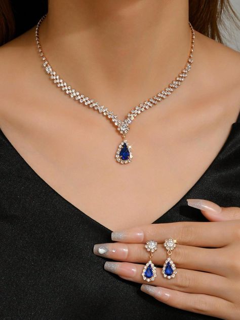 Royal Blue  Collar  Zinc Alloy   Embellished   Women's Fashion Jewelry Blue Jewellery Set, Blue Sapphire Jewelry Set, Royal Blue Jewelry, Blue Diamond Necklace, Fashion Jewelry Necklaces Gold, Sapphire Jewelry Set, Quinceanera Jewelry, Blue Diamond Jewelry, Diamond Necklace Wedding