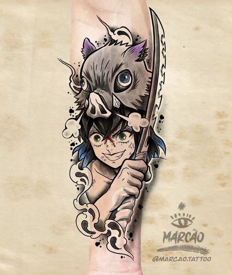 Inosuke Tattoo Design, Inoske Tattoo Design, Inosuke Tattoo Ideas, Demonslayer Tattoo, Demon Slayer Tattoo Design, Demon Slayer Tattoo Ideas, Leg Sleeve Tattoos, Leg Tattoo Ideas, Slayer Tattoo