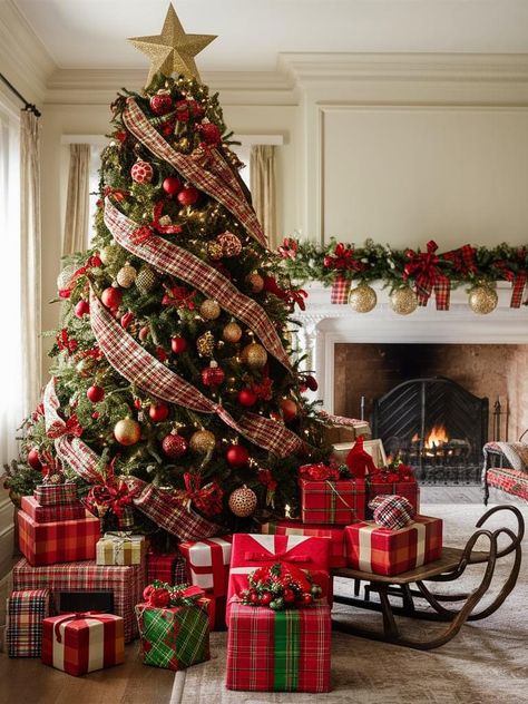 Red And Green Rustic Christmas Tree, Old Fashion Tree Decorating Ideas, Plaid Candy Cane Tree, Old School Christmas Decorations, Green Tree With Red And White Ornaments, Luxury Christmas Decor, Christmmas Tree With Red Roses, Flocked Christmas Trees Decorated, Red And Gold Christmas Tree