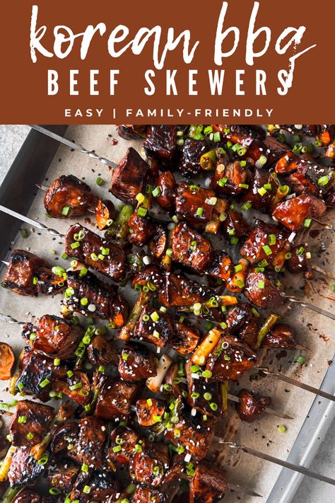 These incredibly saucy Korean BBQ beef skewers are a total lip-smacking treat! And they're easy enough to throw on the grill on any given weeknight. #koreanbbq #skewers #bbq #beef #grilling #weeknightdinner #easydinner Korean Beef Kabobs, Korean Beef Barbeque, Beef Skewers Recipes, Korean Beef Skewers, Korean Bbq Skewers, Bbq Skewers Recipes, Korean Skewers, Beef Skewers Marinade, Beef Stake Recipe