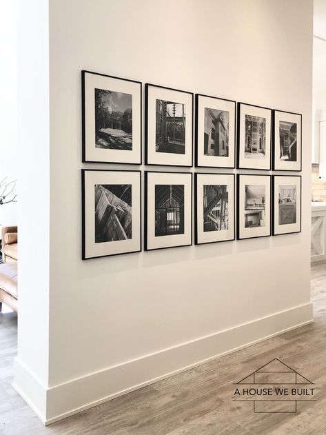 Gallery Wall On Long Wall, Vertical Frame Gallery Wall, Gallery Wall Over Sectional Couch, Hallway Photo Wall With Lights, Frame Walls Living Room, 11x14 Photo Wall Display Ideas, 8 Picture Gallery Wall Same Size, Gallery Wall Photo Ideas, Large Frame Collage