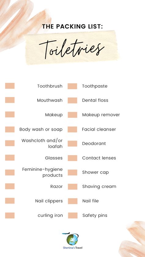 Common toiletries to take on vacation such as a toothbrush, toothpaste, mouthwash, dental floss, deodorant, glasses, razor, contact lenses and contact lens solution What To Bring To A Beach Vacation, Toilettree Packing List, Traveling Toiletries List, Toiletries List For Home, 9 Day Vacation Packing List, Vacation Toiletries List, List Of Things To Pack For Vacation, What To Pack For A Beach Holiday, College Toiletries List