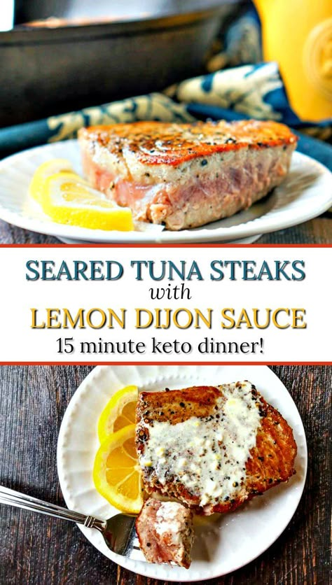 Keto Pepper Tuna Steaks Recipe - meaty tender tuna with a keto lemon dijon sauce and is only 2.9g net carbs! | MyLifeCookbook.com #tunasteaks #tunarecipe #lowcarbrecipes #ketodinnerrecipe #easyfishrecipe #lemondijonsauce #fishsauce #searedtuna Low Carb Fish Dinner, Lemon Dijon Sauce, Fresh Tuna Recipes, Tuna Steak Recipe, Best Steak Seasoning, Easy Tuna Recipes, Seared Tuna Steaks, Dijon Cream Sauce, Grilled Tuna Steaks