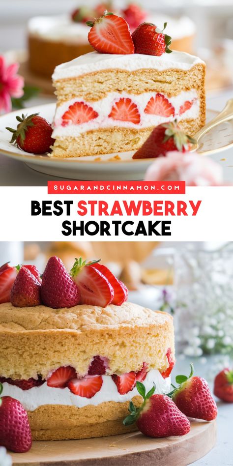 The Best Strawberry Shortcake | Sugar&Cinnamon Homemade Strawberry Shortcake Cake, Easy Strawberry Shortcake With Box Cake, Cute Birthday Desserts, Best Strawberry Shortcake Recipe, Shortcake Recipe Easy, The Best Strawberry Shortcake, Best Strawberry Shortcake, Strawberry Shortcake Recipe Easy, Shortcake Recipes