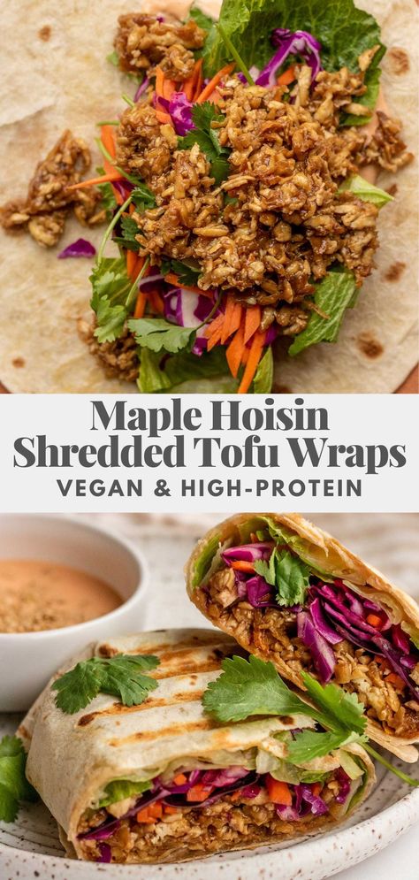 Maple Hoisin Tofu, Recipes With Shredded Tofu, Tofu Ham Recipe, Leftover Tofu Recipe, High Protein Vegetarian Wraps, Tofu Meal Recipes, Shredded Tofu Sandwich, Crispy Shredded Tofu, Tofu Comfort Food